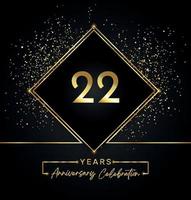 Celebración del aniversario de 22 años con marco dorado y brillo dorado sobre fondo negro. diseño vectorial para tarjetas de felicitación, fiesta de cumpleaños, boda, fiesta de eventos, invitación. Logotipo de aniversario de 22 años. vector