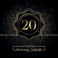 20 years anniversary celebration with golden star frame isolated on black background. Vector design for greeting card, birthday party, wedding, event party, invitation card. 20 years Anniversary logo.