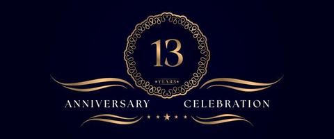 13 years anniversary celebration with elegant circle frame isolated on dark blue background. Vector design for greeting card, birthday party, wedding, event party, ceremony. 13 years Anniversary logo.