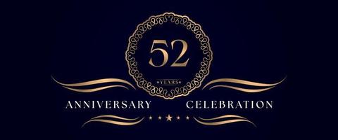 52 years anniversary celebration with elegant circle frame isolated on dark blue background. Vector design for greeting card, birthday party, wedding, event party, ceremony. 52 years Anniversary logo.