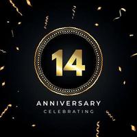 Celebración del aniversario de 14 años con marco circular y confeti dorado aislado en fondo negro. diseño vectorial para tarjetas de felicitación, fiesta de cumpleaños, boda, fiesta de eventos. Logotipo de aniversario de 14 años. vector