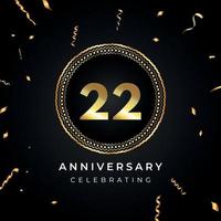 22 years anniversary celebration with circle frame and gold confetti isolated on black background. Vector design for greeting card, birthday party, wedding, event party. 22 years Anniversary logo.