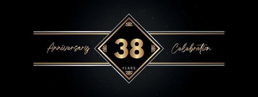 Color dorado de aniversario de 38 años con marco decorativo aislado en fondo negro para evento de celebración de aniversario, fiesta de cumpleaños, folleto, tarjeta de saludo. diseño de plantilla de aniversario de 38 años vector