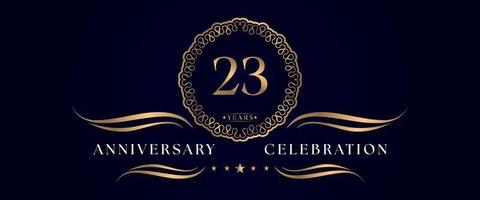 23 years anniversary celebration with elegant circle frame isolated on dark blue background. Vector design for greeting card, birthday party, wedding, event party, ceremony. 23 years Anniversary logo.