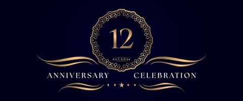 12 years anniversary celebration with elegant circle frame isolated on dark blue background. Vector design for greeting card, birthday party, wedding, event party, ceremony. 12 years Anniversary logo.