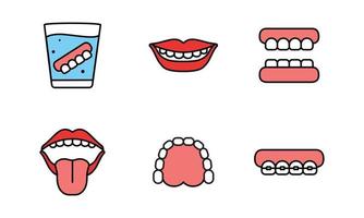 colección de diseños de iconos dentales. incluyendo dentaduras postizas y anatomía oral vector