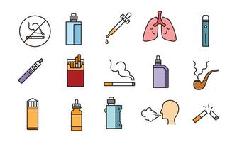 conjunto de diseño de iconos lineales para fumadores. colección de cigarrillos, dispositivos para fumar, vape. ilustraciones de contorno vectorial simples y coloridas. vector