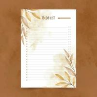 Set of to do list template with hand drawn  watercolor leaf illustration background vector