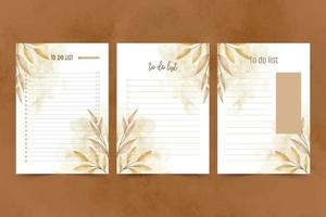 Set of to do list template with hand drawn  watercolor leaf illustration background vector