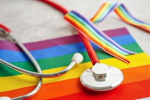 LGBT symbol, Stethoscope with rainbow ribbon, rights and gender equality, LGBT Pride Month in June. photo