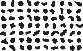conjunto 2 de formas de manchas abstractas aleatorias. elementos de forma líquida. colección de manchas redondas negras. mancha redondeada o mota de forma irregular. elementos de splodge amorfos líquidos. manchas negras. vector