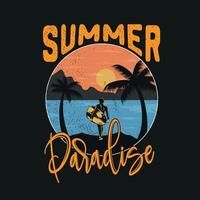 summer paroise, vintage style sunset surfing tee print design as vector