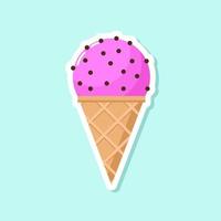 Ice cream vector sticker on light background. Pink cold dessert with chocolat drops in cartoon style. Sweet summer food in the waffle cone