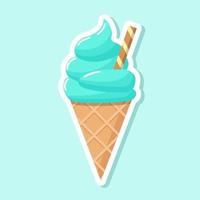 Ice cream vector sticker. Colorful cold dessert in cartoon style. Sweet summer food in the waffle cone