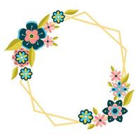 Naive flowers with gold geometric frame. Golden linear border and spring botanic design vector