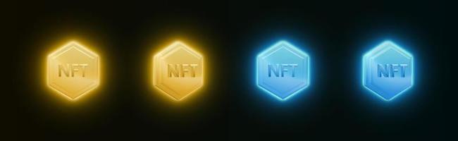 Set of gold and blue icons NFT non-fungible token coins with a bright glow on dark background. Vector illustration