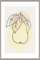 Pear on a branch with leaves. Template with abstract composition, linear fruit art vector