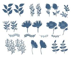 un conjunto de elementos botánicos. flor, rama con hojas, hierba de campo. dibujado a mano, silueta azul. plantas naturales para el diseño vector