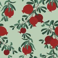 Seamless vector pattern. Red pomegranate fruit on a branch with leaves. Simple abstract shapes, minimalism. Fruit harvest