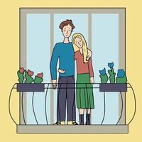 Romantic bar on the balcony of the house. Cute vector characters. Young guy and girl in love and hugging. A scene of tenderness and display of feeling