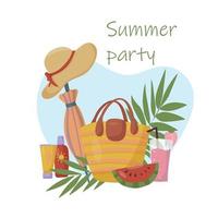 Enjoy the summer time. Set with things for a beach party with a fruity cocktail Against a background of palm leaves vector