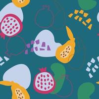 Abstract seamless drawing. Hand-drawn fruit in a simple shape. Fresh pomegranate , papaya and avacado vector