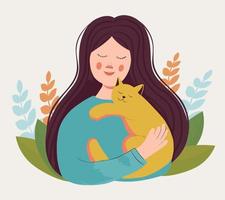 Cute girl holding a cat in her arms. Portrait of a happy owner with his beloved pet. kindness and love for animals vector