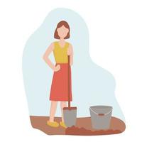 Woman with a shovel digging the ground. agricultural and farm work in the garden. Gardening season, working the land. harvesting potatoes vector