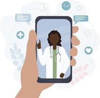 A black American woman doctor talks to a patient online. Video communication and messages. Medical consultations, exams, treatment, services, health care, conference online vector