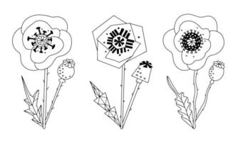 Floral design elements. Stylized poppies black and white with a line drawing. Graphic fantasy flower set vector