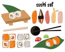 juego de sushi y panecillos y artículos para servir. cocina tradicional japonesa con mariscos frescos vector
