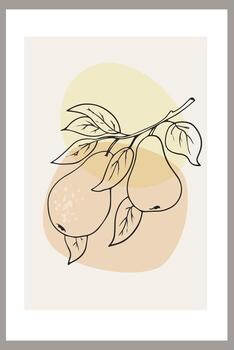 Pears on a branch with leaves. Template with abstract composition, linear fruit art vector