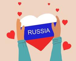 Hands holding a heart in the shape of the Russian flag. Support of the people. Resolution of the conflict. Let there be peace and love vector