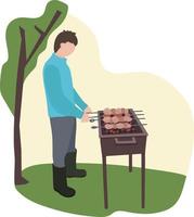 hombre de vacaciones. prepara comida shashlik. asa carne a la parrilla. en el césped verde, al lado del árbol. vector