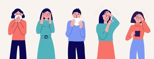 A group of people with the first signs of illness. Symptoms of a viral or cold illness. Vector flat characters with headache, cough and runny nose and high fever