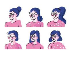 mujer emoción con gafas pelo largo diseño plano vector ilustración