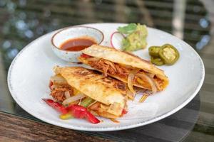Smoked Pork Quesadilla ,Home Made Grilled Flour Tortilla Filled with 8 hours  Home Smoked Pork photo
