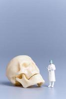 Miniature people Doctor with a giant human skull on a grey background photo