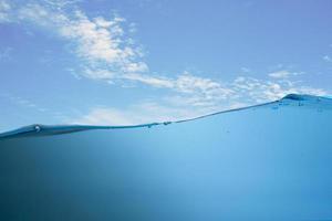 Spectacular ocean waves stop steaming with separate bubbles on a bright sky background. Popular corners, natural concepts photo