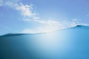 Spectacular ocean waves stop steaming with separate bubbles on a bright sky background. Popular corners, natural concepts photo