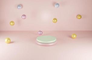 Minimal abstract scene with geometric patterns. Cylindrical podium in pink background with colorful balls. Product presentation, product, trade show, podium, podium or 3D podium. photo