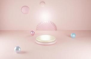 Minimal abstract scene with geometric patterns. Cylindrical podium in pink background with colorful balls. Product presentation, product, trade show, podium, podium or 3D podium. photo