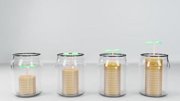 Concepto de representación 3d de invertir dinero en una botella de vidrio, un árbol con monedas que crecen de pequeñas a grandes en el fondo. representación 3d foto