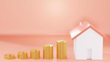 Concepto de representación 3D de invertir dinero de ahorros comprando una casa con monedas que crecen de pequeñas a grandes en el fondo. procesamiento 3d foto