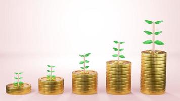 Gold Coins Growing trees on business coins is a good idea to save money or open a bank account. On a pink background, a 3D image will give you space for your phrase. photo
