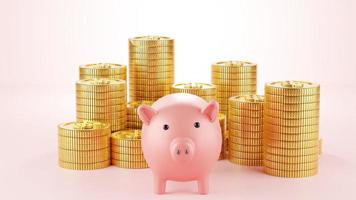 On the back of the piggy bank are gold coins. It's a good idea to save money or open a bank account. On a pink background, a 3D graphic with a place for your words. photo