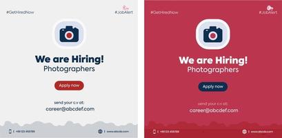 we are hiring. we are hiring photographers. photographers hiring announcement banner with camera icon and two different background colors. Business recruiting concept. vector