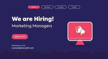 we are hiring. we are hiring marketing managers announcement web page in dark purple color. we are looking for marketing managers. web page template. vector