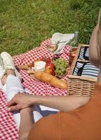 unrecognizable young woman in white pants outside having picnic, eating and playing guitar, view from behind