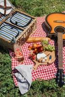 primer plano de una cesta de picnic con bebidas y comida en el césped foto